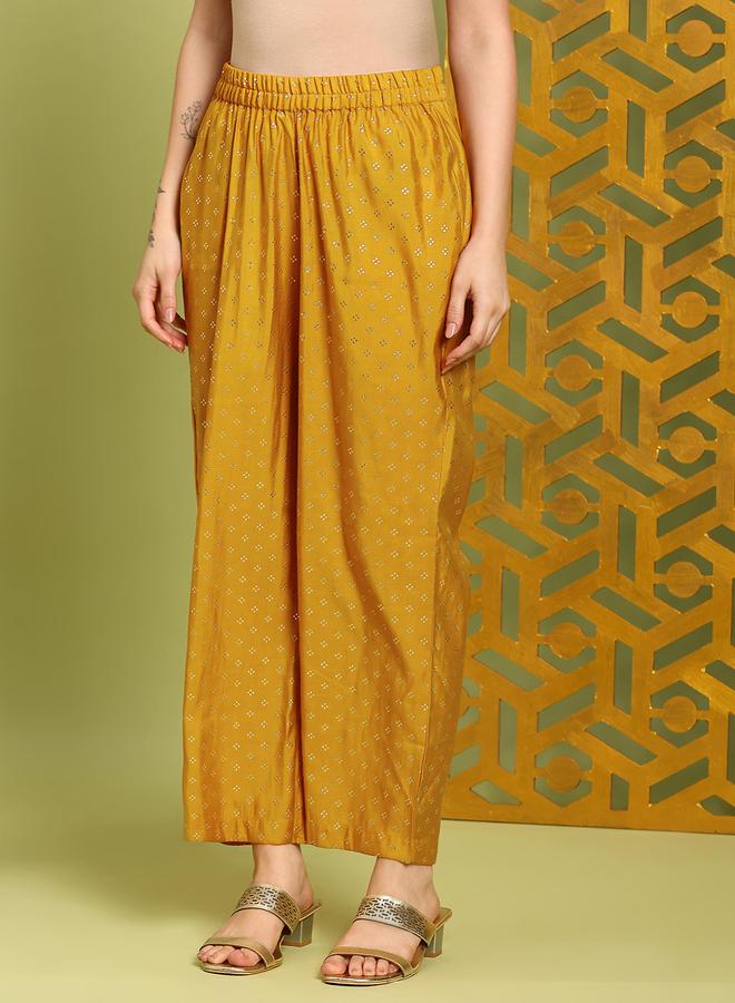 globus Women Mustard Zari Embroidered Kurta and Wide Leg Pants Set - Image 4